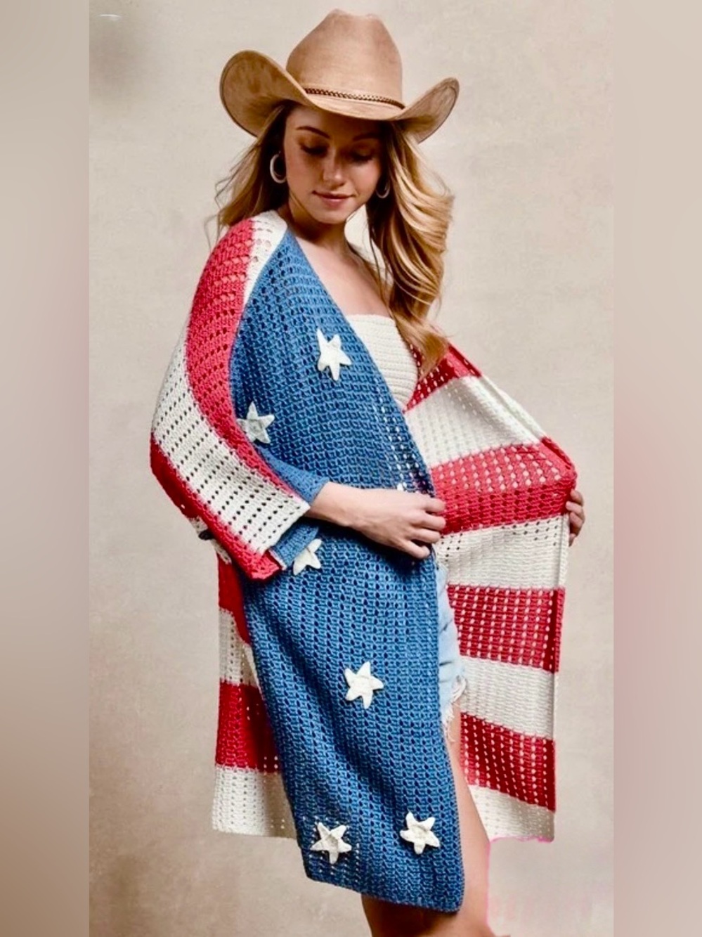 BIBI Star Patches American Flag Open Knit Cardigan